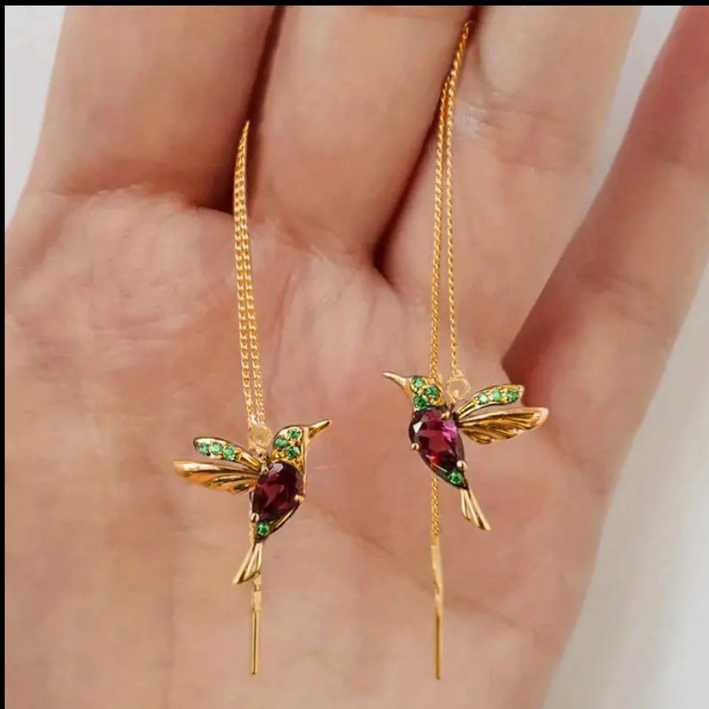 18k Gold Plated Diamond Hummingbird Drop Earrings
